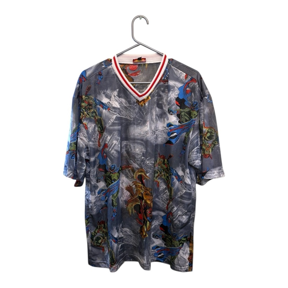 💥 VINTAGE 90s SWORD COMIC HERO ESC ALL OVER PRINT SILVER MESH SILK JERSEY 💥